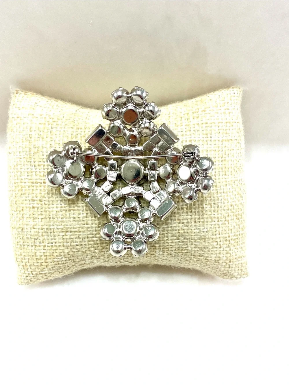 Vintage Clear Crystal Floral Cluster Brooch - Black Center Stone